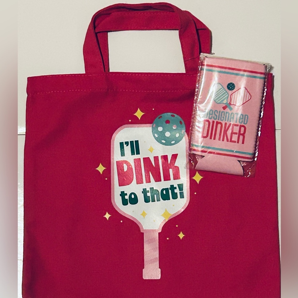 NEW! Pickleball Collection Pink Canvas Hand Tote And Koozie Can Cooler Set (NWT)
